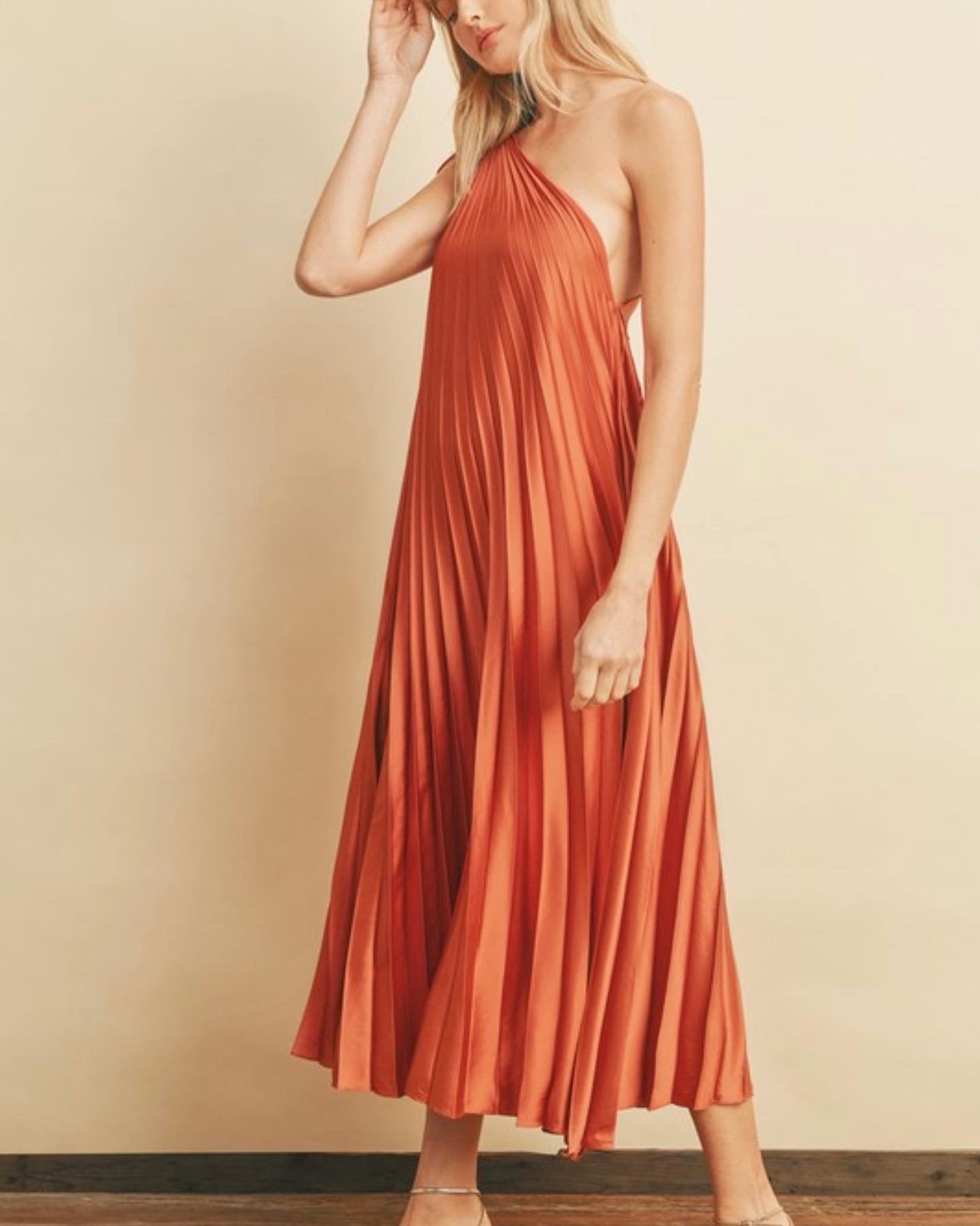 Rust one shoulder dress